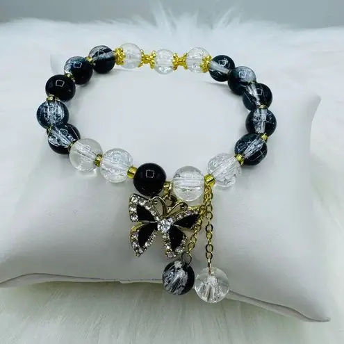 Gradient Black Beaded w/ Sparkly Bow Charm Bracelet