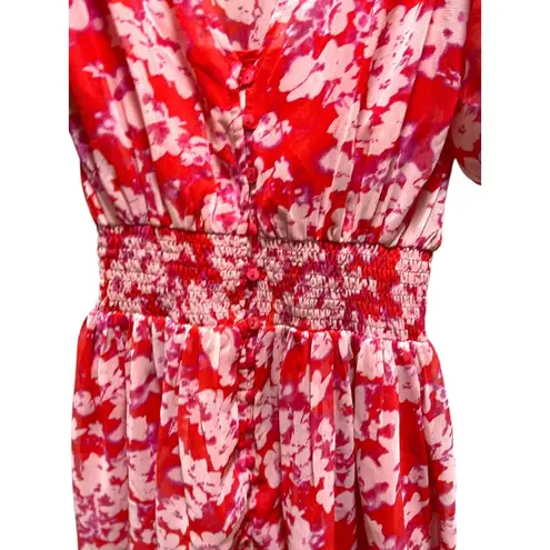 River Island Smocked Waist Chiffon Floral Print Dress Red Size 12 Boho Spring