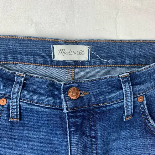 Madewell  size 32 kick out mid rise crop Indigo Flare Jeans distressed blue denim
