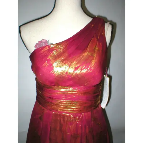 Aidan Mattox New NWT $310 Womens 6 Silk Metallic One Shoulder Dress Red Gold