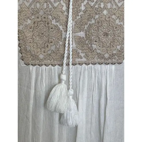 SUNDANCE Palace Pathway Tunic Ivory Gold Embroidered Tassel Tie Lace