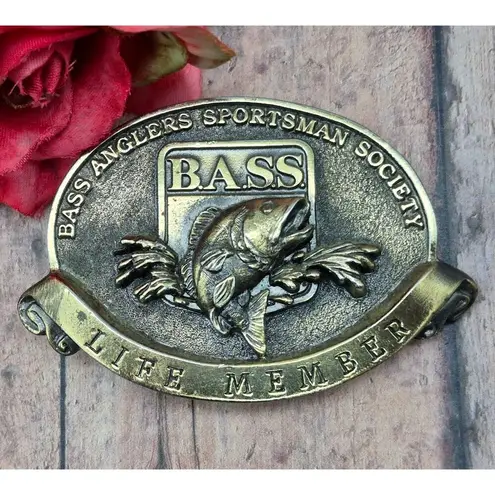 Bass Anglers Sportsman Society Belt Buckle Lifetime Life Member Fishing Brass Gold