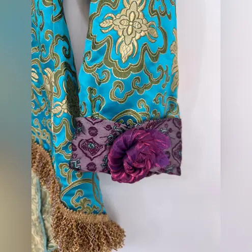 The Find Elegant Teal Gold Brocade Blazer smoking whimsical bows trim jacket Blue