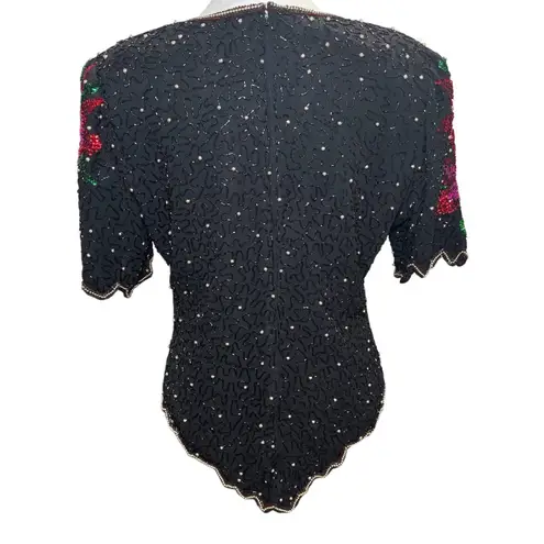 Laurence Kazar Vintage Black Beaded Sequin Holiday Top Blouse XL Poinsettia Xmas