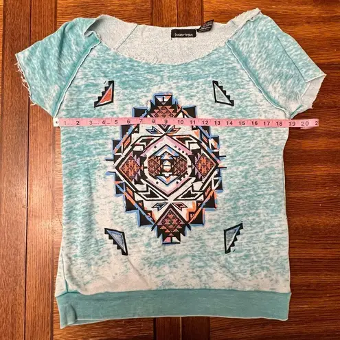 Sweater Project Light Aqua Blue Aztec Short Sleeve Oversized Blouse Size XL