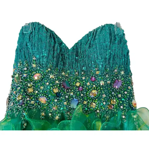 FIESTA Emerald Green Peacock High Low Ruffled Gown Dress Sequin Bling Glam Sz L Size L