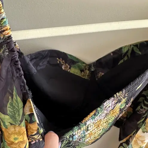 Lulu’s Floral Puff Sleeve Corset Crop Top, Smocked Sweetheart Blouse, Small Black