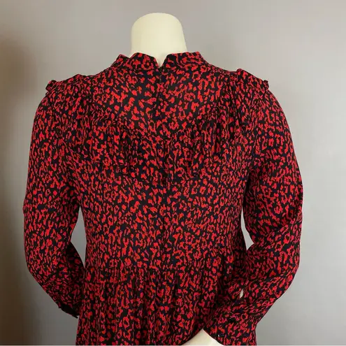 ZARA  Dress Animal Print Ruffle Red‎ Black Leopard Mini Long Sleeves Mini Medium