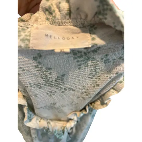 MELLODAY Floral Print Smocked Waist‎ Tie Neck Blouse Ruffle Trim Long Sleeve Top