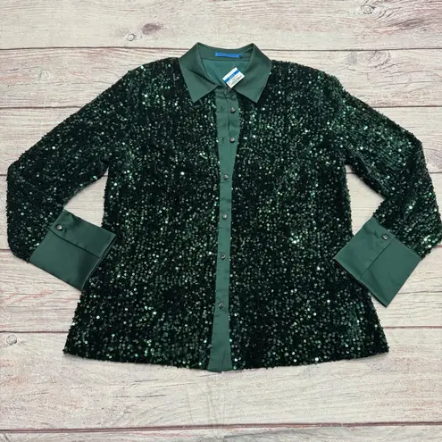 J. McLaughlin Barrett Sequin Shirt Emerald Green Velvet Satin Size Large NEW