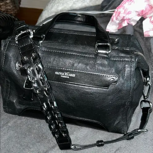 Olivia Harris Black Leather Duffel Bag with Modern Chain