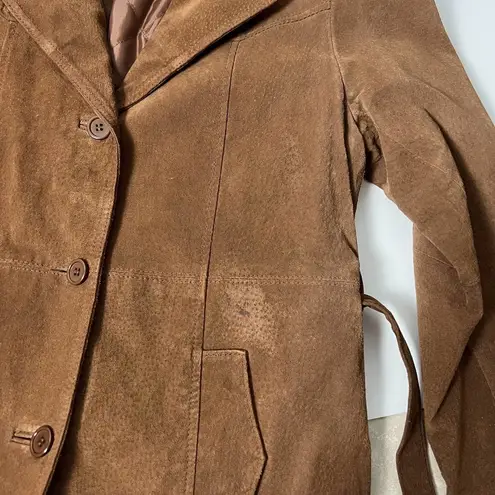 vintage camel brown suede leather faux fur collared button trench coat jacket Size M