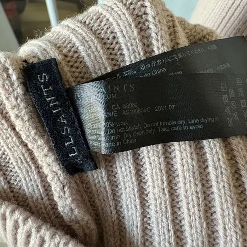 ALLSAINTS Beige Wool Blend Beanie and Scarf Matching Set Ribbed Winter Snow - Image 5