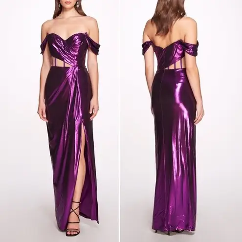 NWT Marchesa Off Shoulder Amethyst Lamé Gown Maxi With Draped Bodice Size 14 NEW Purple