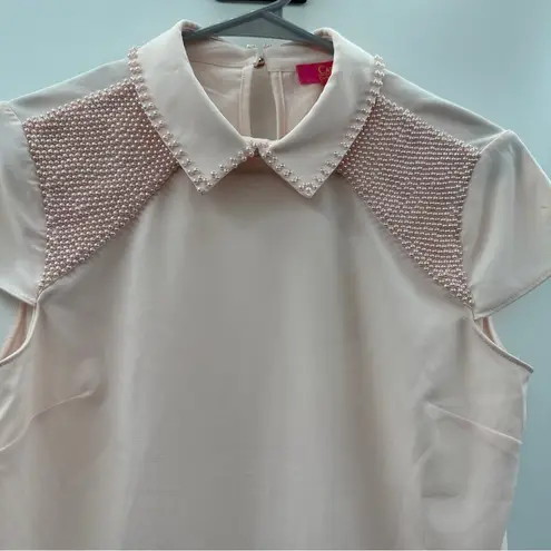 Catherine Malandrino Light Pink Collared Bead Embellishment Short Sleeve Top XS