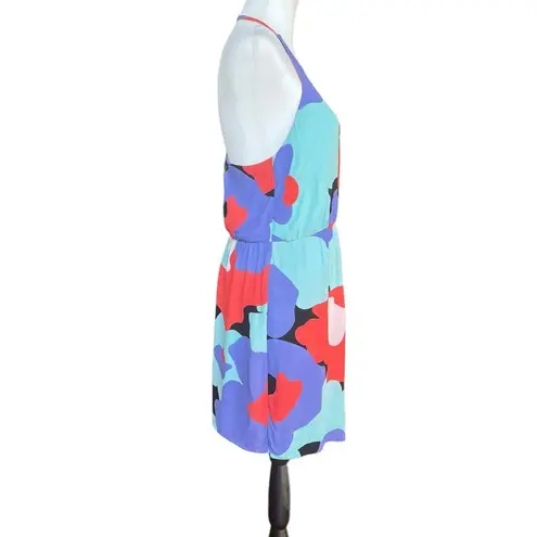 Annie Griffin Halter Neck T Back Faux Wrap Short Dress Purple Aqua Print Size 10