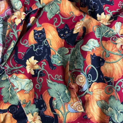 Vintage Handmade Halloween Whimsical Pumpkin Black Cat Frog Button Up Shirt Red Size M