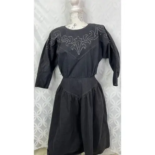 PG Collections Western Style Black Denim Dress with White Embroidery Size 10