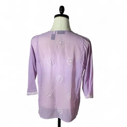 DKNY  Jeans Embellished Lavender Floral Button Up 3/4 Sleeve Top