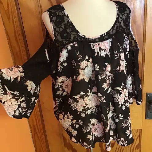 Charming Charlie Black floral lace bohemian cold shoulder top