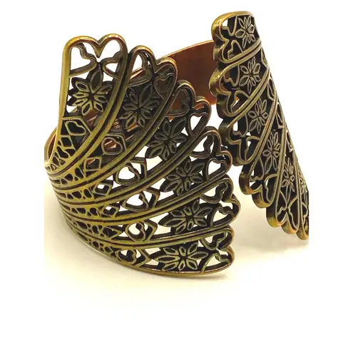 Vintage Brass Filigree Cuff Bracelet Hinged Fairycore Witchy Steampunk Jewelry Gold