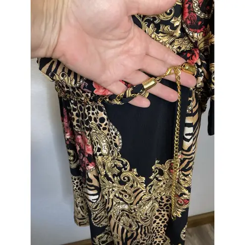 Thalia Sodi Designer Dress XXL Blouson Braided Gold Belt Black Open 3/4 Sleeve