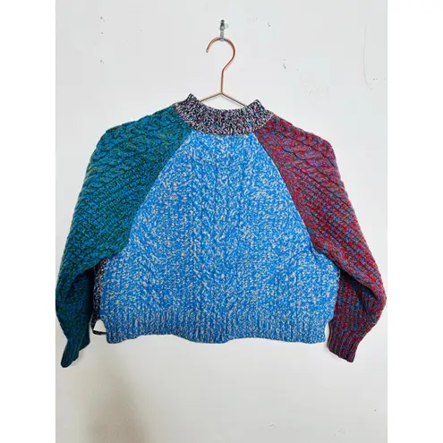 Jil Sander NAVY Blue Red Colorblock 100% Wool Cable Knit Long Sleeve Sweater M