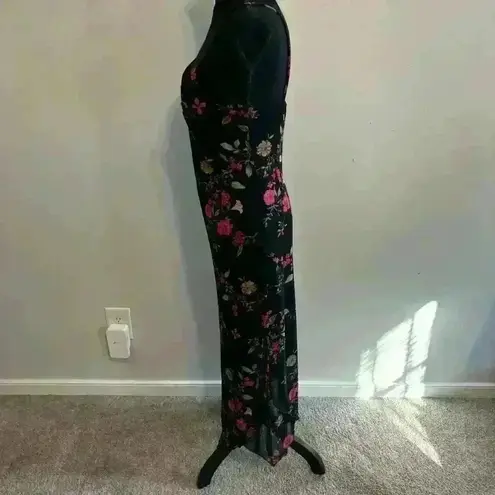 CDC Y2K Spaghetti Strap Black Red Floral Slip Dress Mesh V Neck Size 8