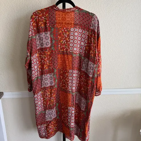 Boho Kimono Cardigan Women’s Large Rust Orange Patchwork Sheer Lightweight Layer