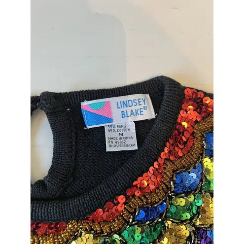 Vintage Lindsey Blake Woman’s Medium Black Sequined Sweater Tropical Party