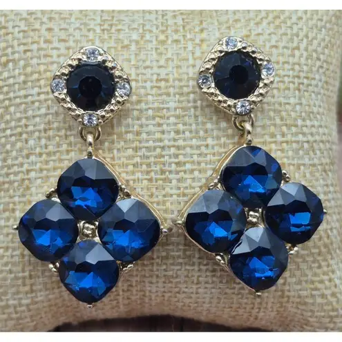 None Formal Blue Crystal & Gold Tone Dangle Drop Statement Earrings Pierced Prom Even