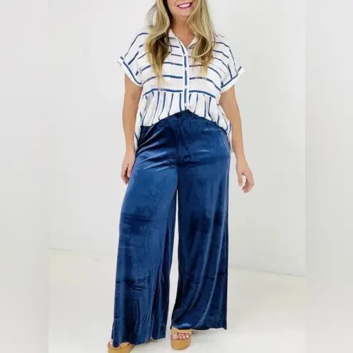 Zenana Outfitters Velvet Navy High Rise Stretchy Pull On Wide Leg Pants Raw Hem 2X New
