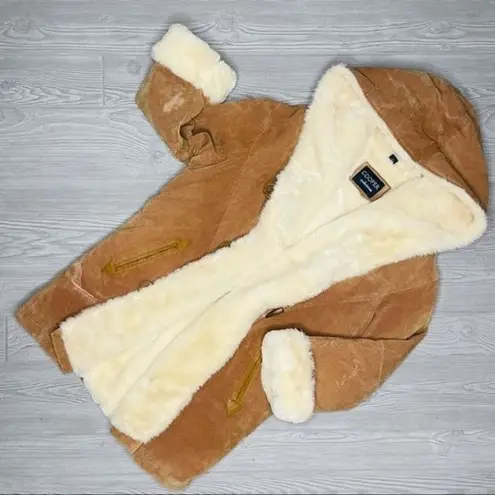 Copper collection leather faux fur lined jacket coat horn type buttons hooded sm Tan
