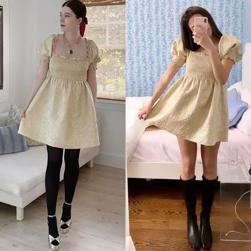 Hill House Dress Athena Nap Babydoll Smocked Mini Bridgerton Gold Brocade S GUC