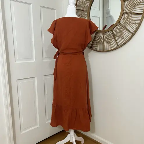Drew Ruffle Tiered V-neck Gauze Midi Boho Wrap Dress Rust Orange Size XS NEW