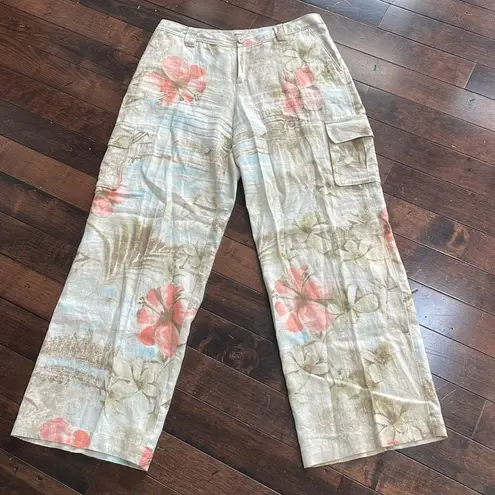 Tommy Bahama  women’s linen cargo pants Size 8 Pastel floral Wide leg Flowy Beach