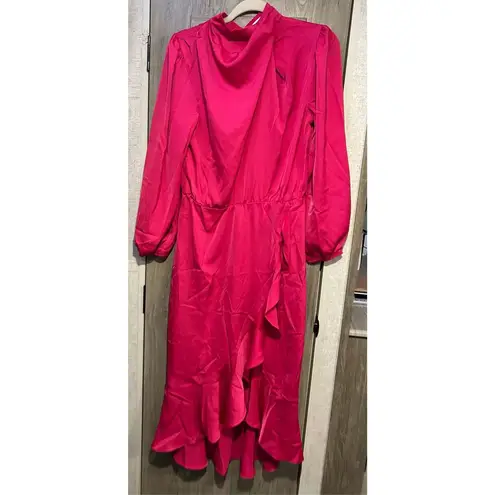 NEW Satin Mock Neck Cocktail Midi Dress Wrap Ruched Ruffle M Size M