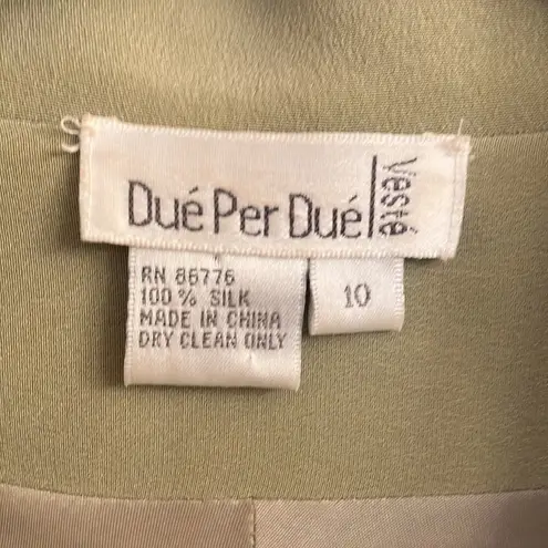 Due Per Due Olive green 100% silk button up long blazer jacket Size 10
