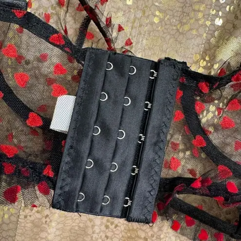 Sexy Black Sheer Red Hearts Lingerie Corset Bra Top Large NWOT