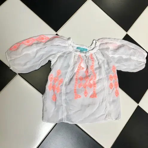 Melissa Odabash Embroidered Peasant Blouse Crop Top White Neon Coral Summery sz8