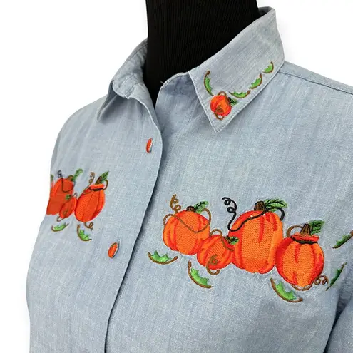 Karen Scott | S | VINTAGE Pumpkin Embroidered Cotton Chambray Button-Down Shirt