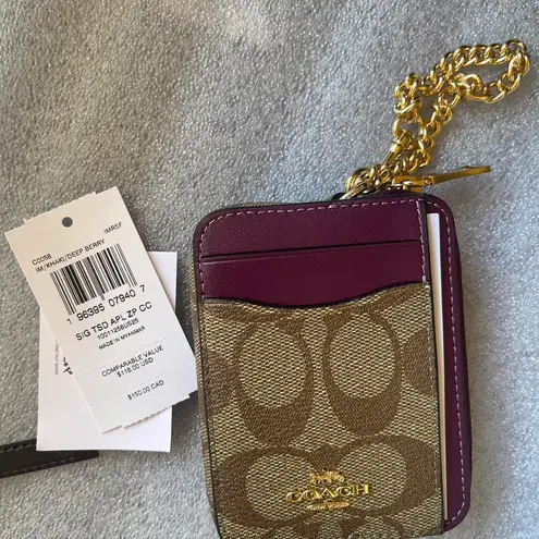 Coach  Khaki Signature Canvas Deep Berry Zip Card Case