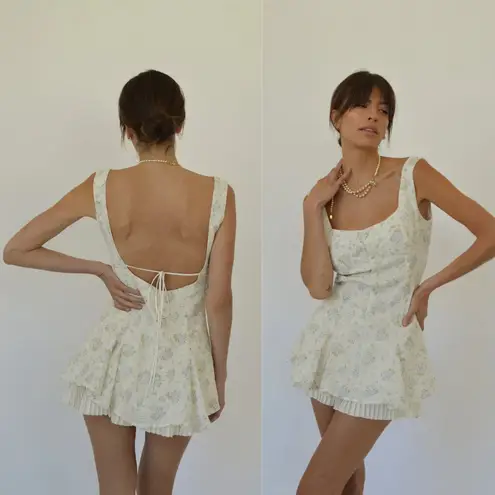 Fait Par Foutch Francesa Mini Dress Vintage Iris Floral Ivory Blue Size Small White