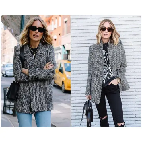 ANINE BING ππ Fishbone Blazer ~ Wool Blend Black & Off-White Print XS