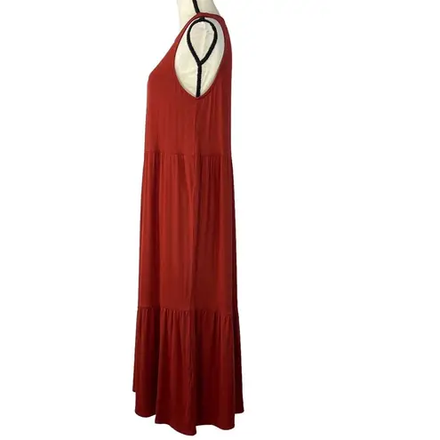 Alfani Medium Maxi Dress Sleeveless Round Neck Stretch Tiered Rust Red Keyhole