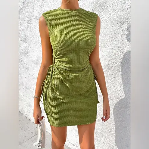 Drawstring Side Ruched Dress Solid Stand Collar Sleeveless Casual Plain Dress Green - Image 3