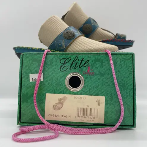 Elite By Corkys Womens 10 Sandal Tobago Teal Floral Tropical Brass Accents Slide Blue