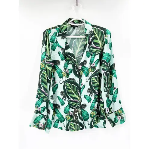 LoboRosa Tropical Palm Leaf Leopard Monkey Jungle Print Pajama Style Shirt Sz L Size L