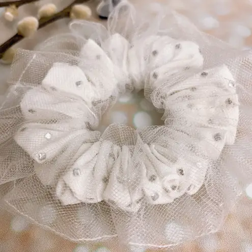 White And Silver Metallic Squares Studs Double Layered Tutu Scrunchie