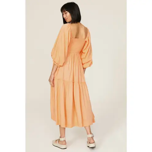 LOUNA Orange Square Neckline Puff Sleeves Chic Flowy Midi Dress size Medium
